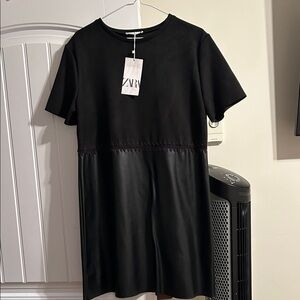 Zara Black Short-Sleeve Faux Leather Paneled Mini Dress